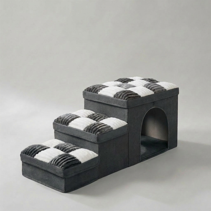 Chessboard Handcrafted Dog Steps with Storage & Condo