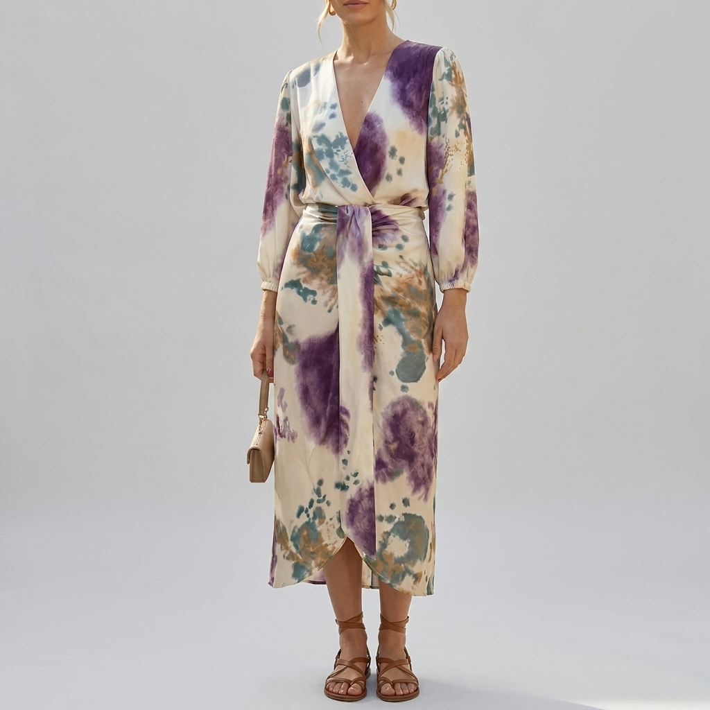 Long-Sleeve Wrap Dress With Tie Waist