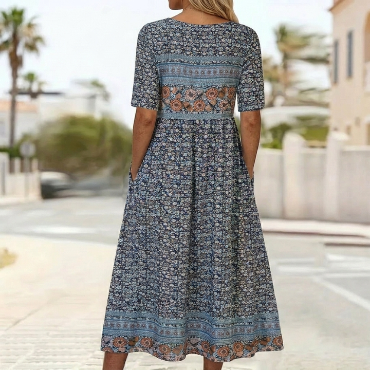 Boho Printed Square Neck Midi Dress