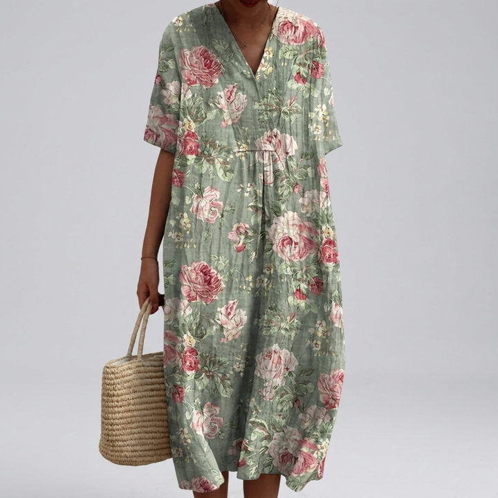 Women’s Floral Summer Dress – V-Neck &amp; Short Sleeves
