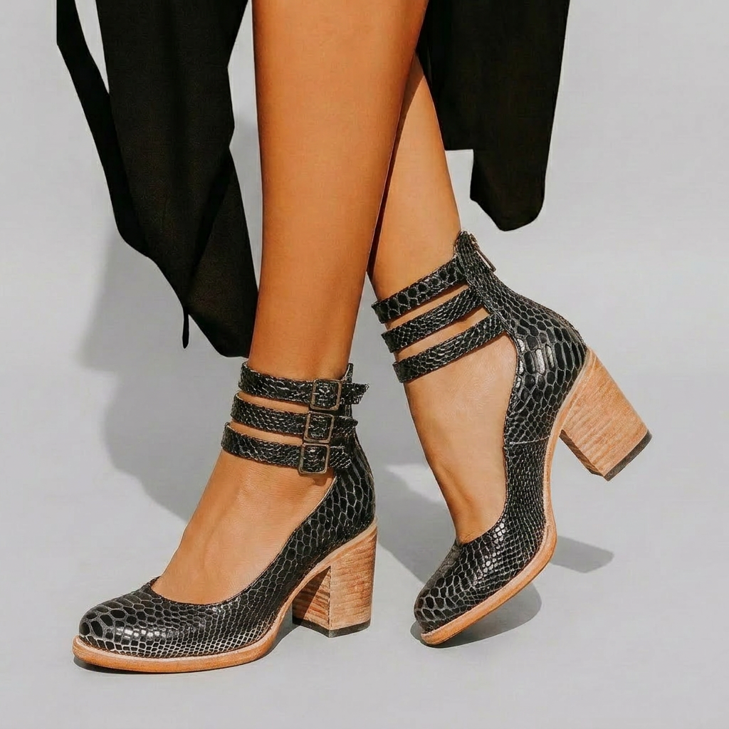 Closed‑Toe Buckle Strap Block Heels