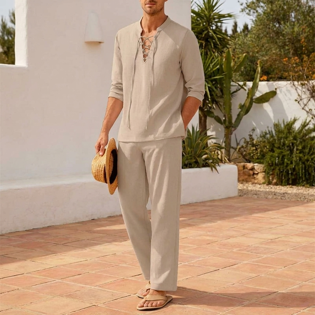 Men’s Boho Lace-Up Shirt and Pants Set