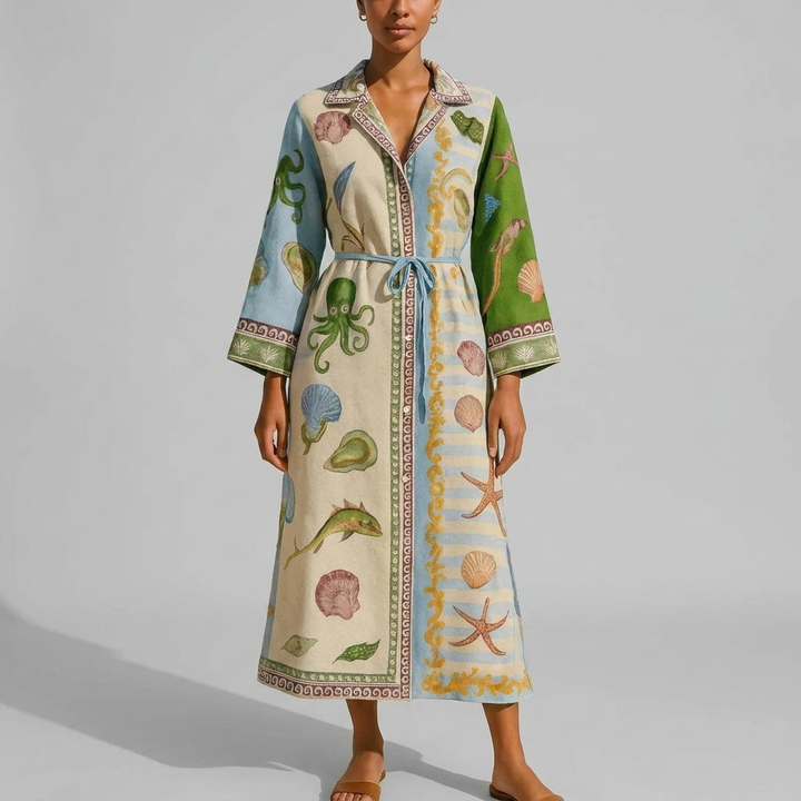 Printed Belted Midi Shirt Dress
