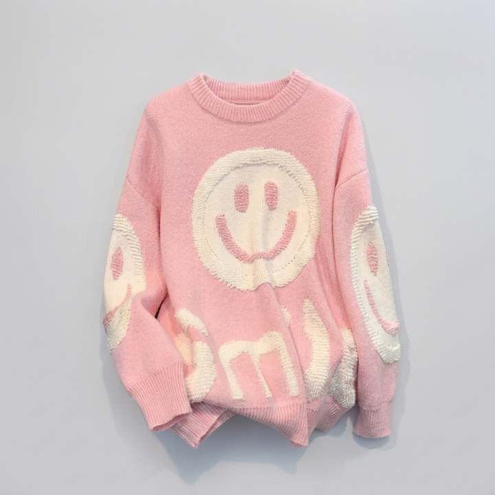 Oversized Smiley Print Sweater for Women