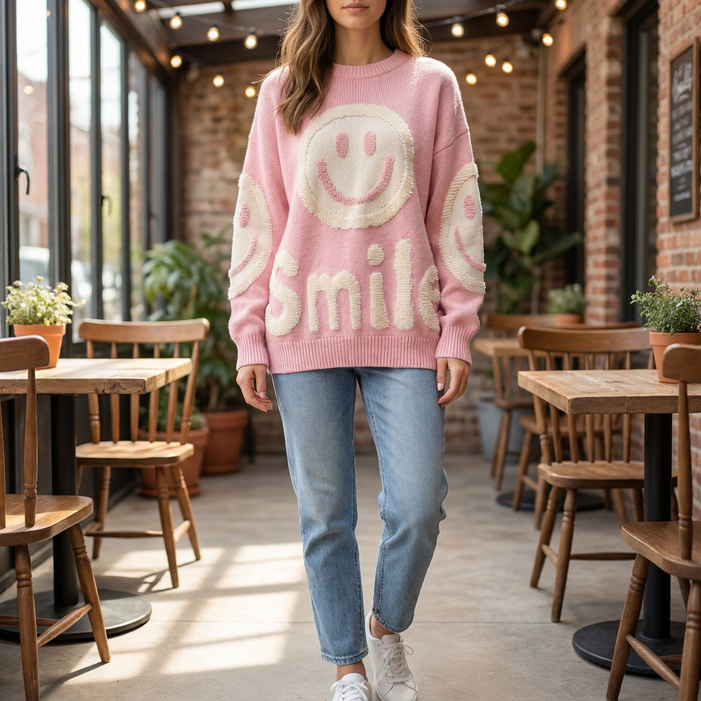 Oversized Smiley Print Sweater for Women