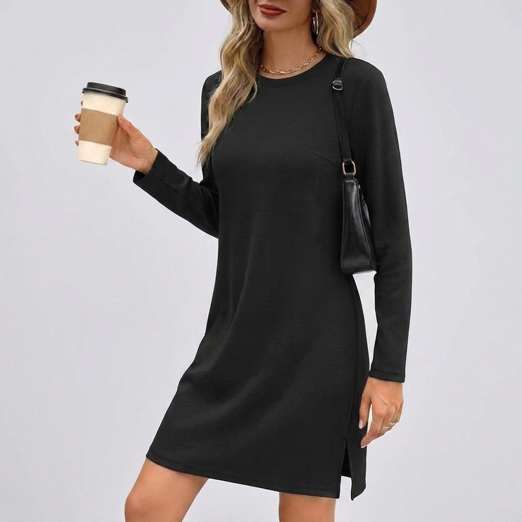 Stylish Round Neck Long Sleeve Midi Dress
