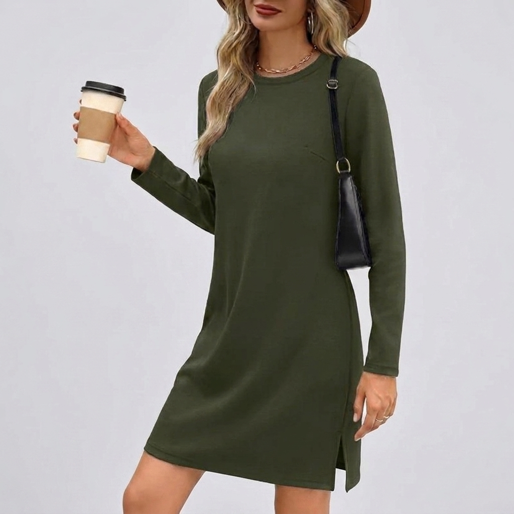 Stylish Round Neck Long Sleeve Midi Dress