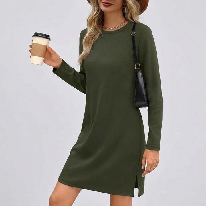Stylish Round Neck Long Sleeve Midi Dress