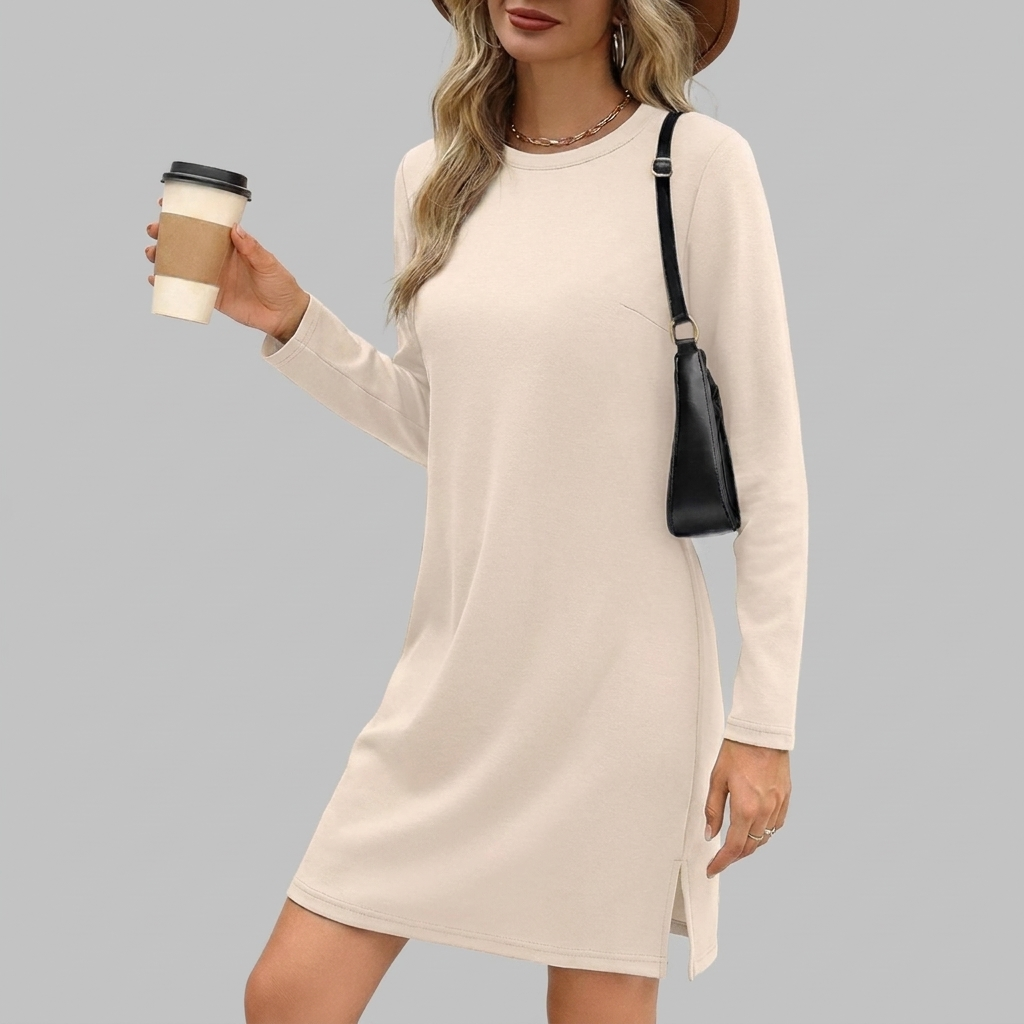Stylish Round Neck Long Sleeve Midi Dress
