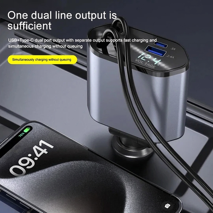 120W Multi-Port Retractable Car Charger for Vehicles