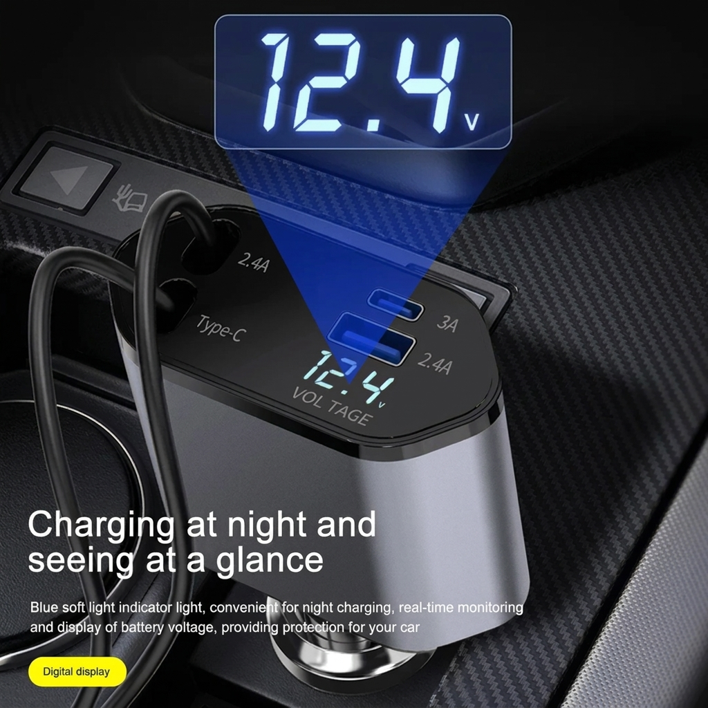 120W Multi-Port Retractable Car Charger for Vehicles
