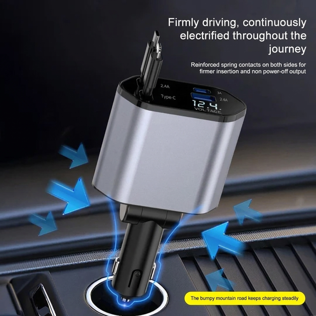120W Multi-Port Retractable Car Charger for Vehicles