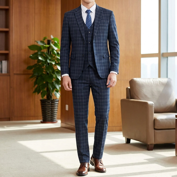 Elegant Men’s Checked 3-Piece Suit – Tailored Slim Fit