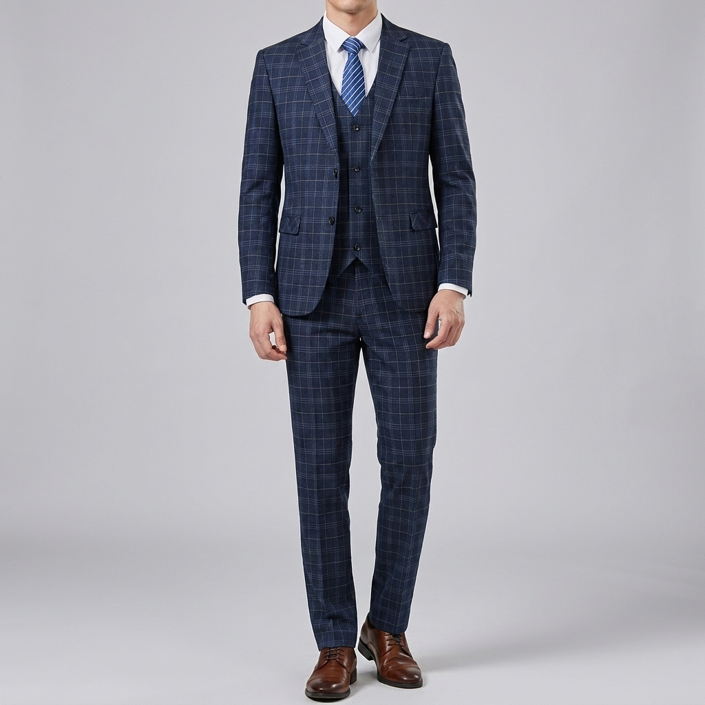 Elegant Men’s Checked 3-Piece Suit – Tailored Slim Fit