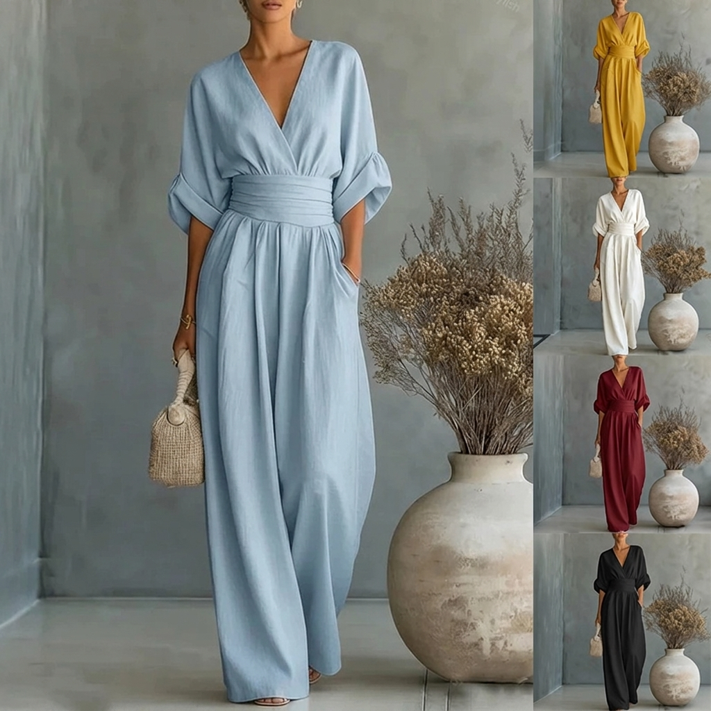 Women’s Short‑Sleeved V‑Neck Wide‑Leg Jumpsuit