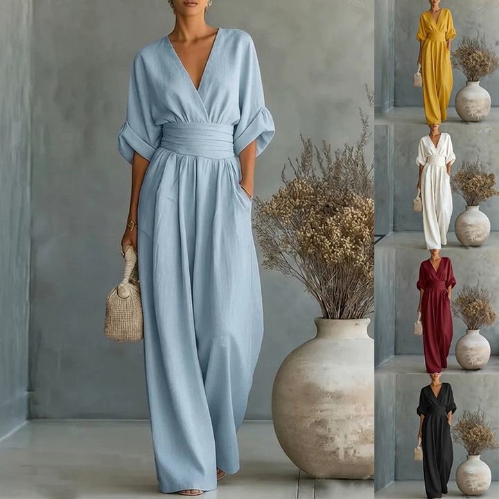 Women’s Short‑Sleeved V‑Neck Wide‑Leg Jumpsuit