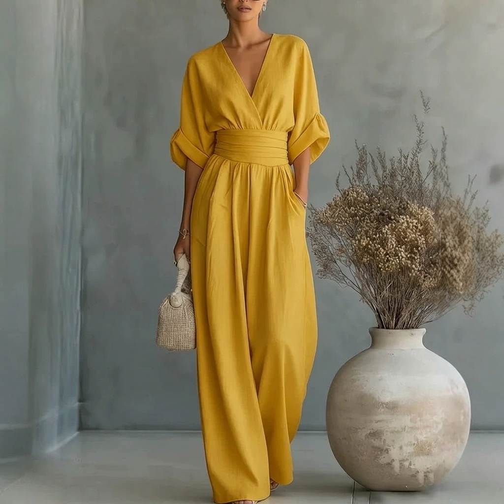 Women’s Short‑Sleeved V‑Neck Wide‑Leg Jumpsuit