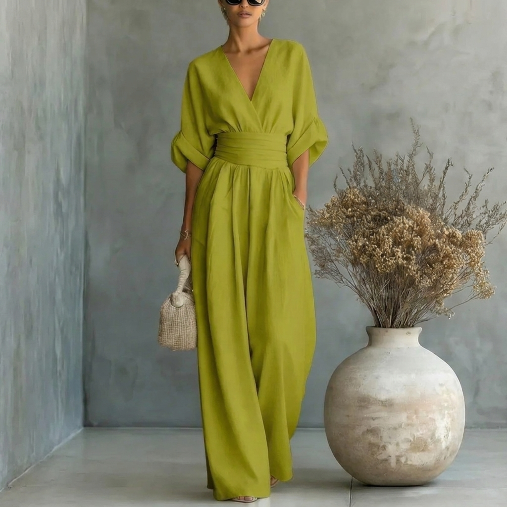 Women’s Short‑Sleeved V‑Neck Wide‑Leg Jumpsuit