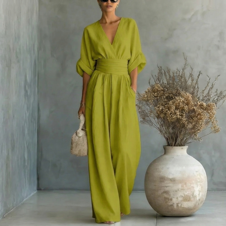Women’s Short‑Sleeved V‑Neck Wide‑Leg Jumpsuit