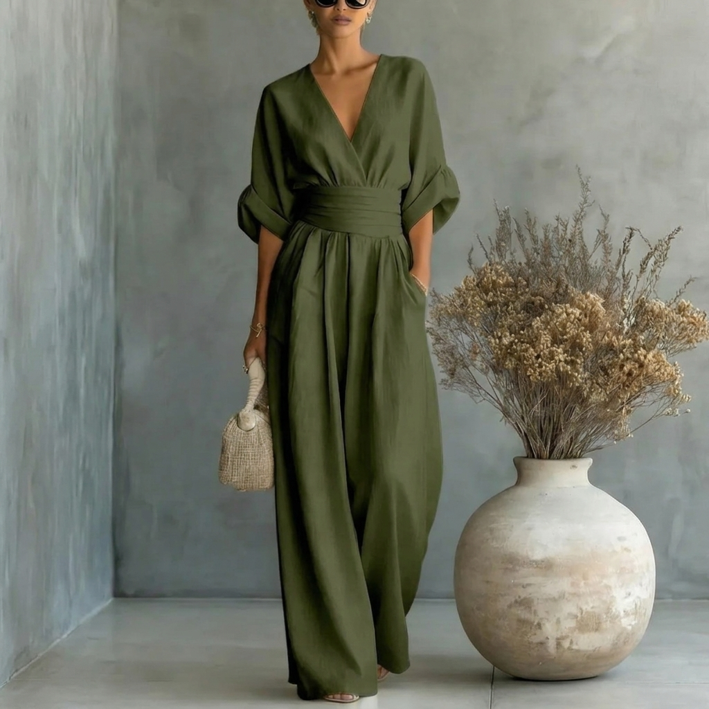 Women’s Short‑Sleeved V‑Neck Wide‑Leg Jumpsuit