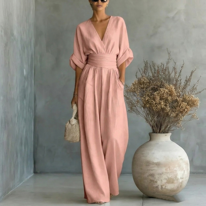Women’s Short‑Sleeved V‑Neck Wide‑Leg Jumpsuit
