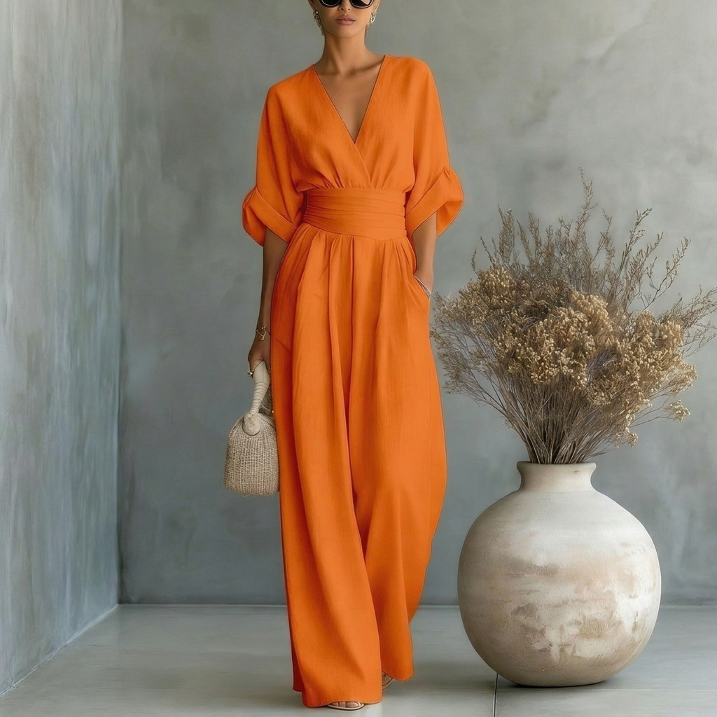 Women’s Short‑Sleeved V‑Neck Wide‑Leg Jumpsuit