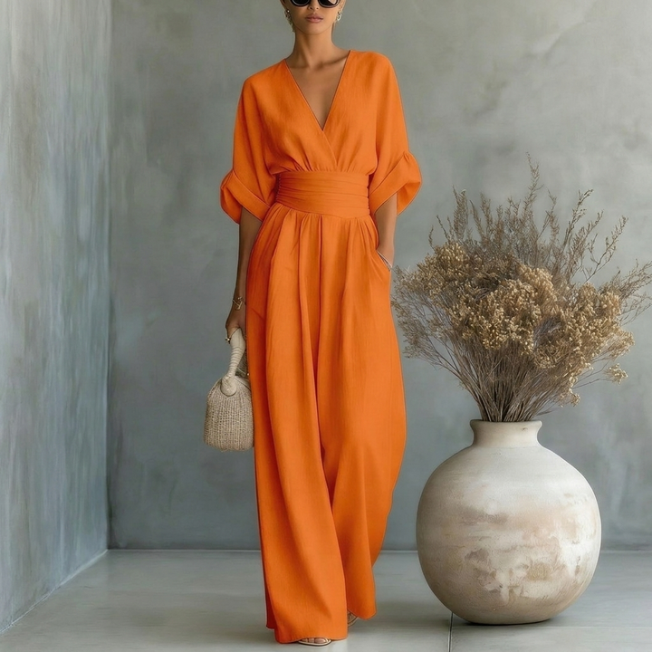 Women’s Short‑Sleeved V‑Neck Wide‑Leg Jumpsuit