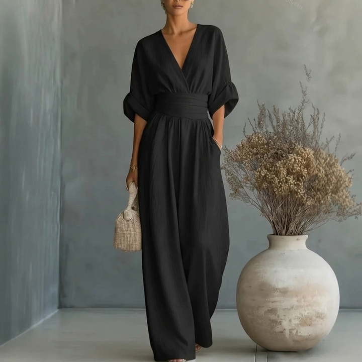 Women’s Short‑Sleeved V‑Neck Wide‑Leg Jumpsuit