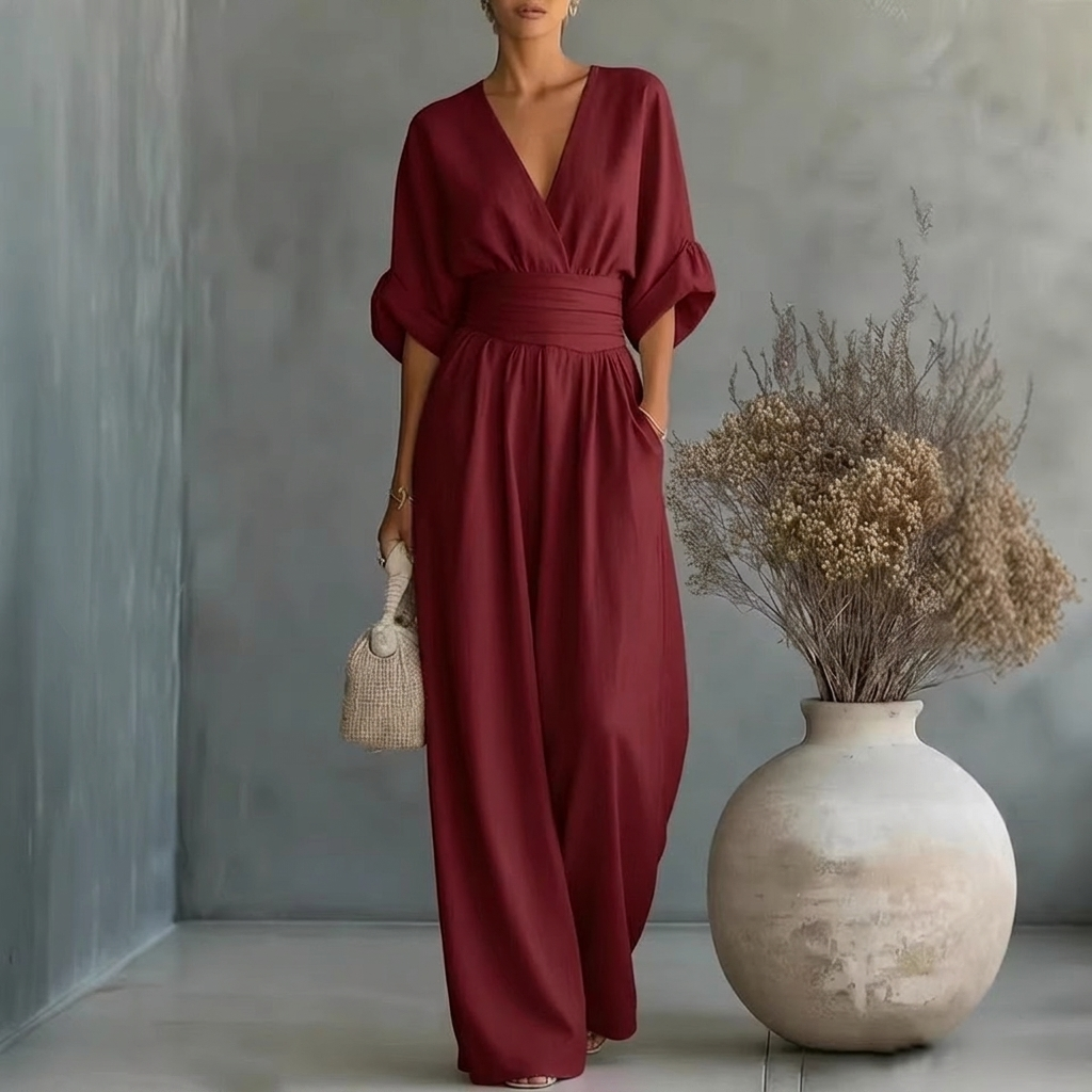 Women’s Short‑Sleeved V‑Neck Wide‑Leg Jumpsuit