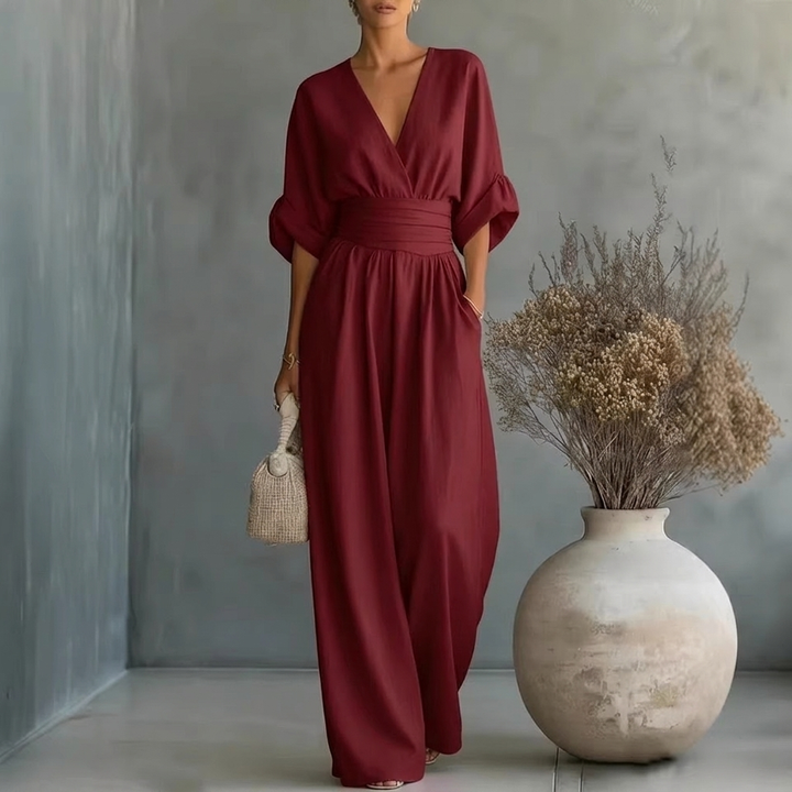 Women’s Short‑Sleeved V‑Neck Wide‑Leg Jumpsuit