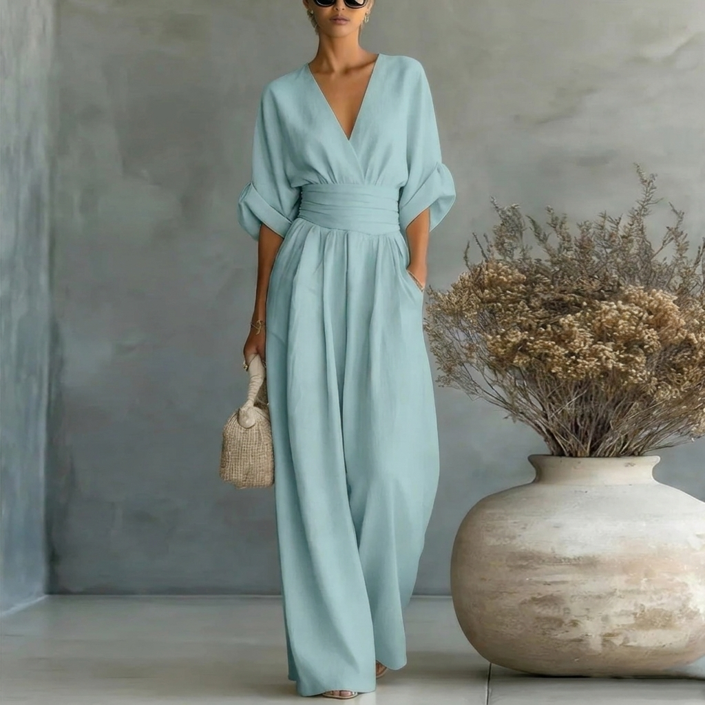 Women’s Short‑Sleeved V‑Neck Wide‑Leg Jumpsuit