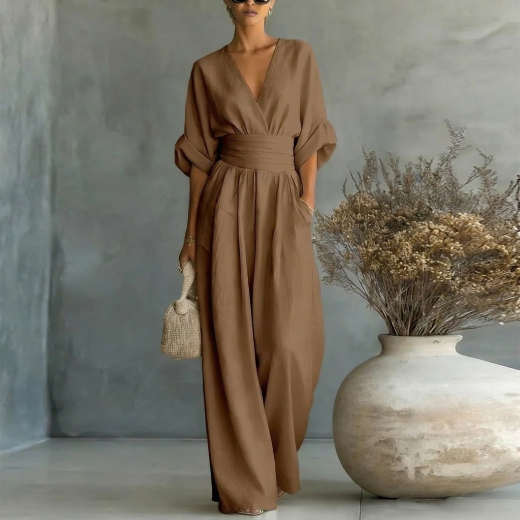 Women’s Short‑Sleeved V‑Neck Wide‑Leg Jumpsuit