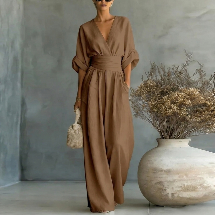 Women’s Short‑Sleeved V‑Neck Wide‑Leg Jumpsuit