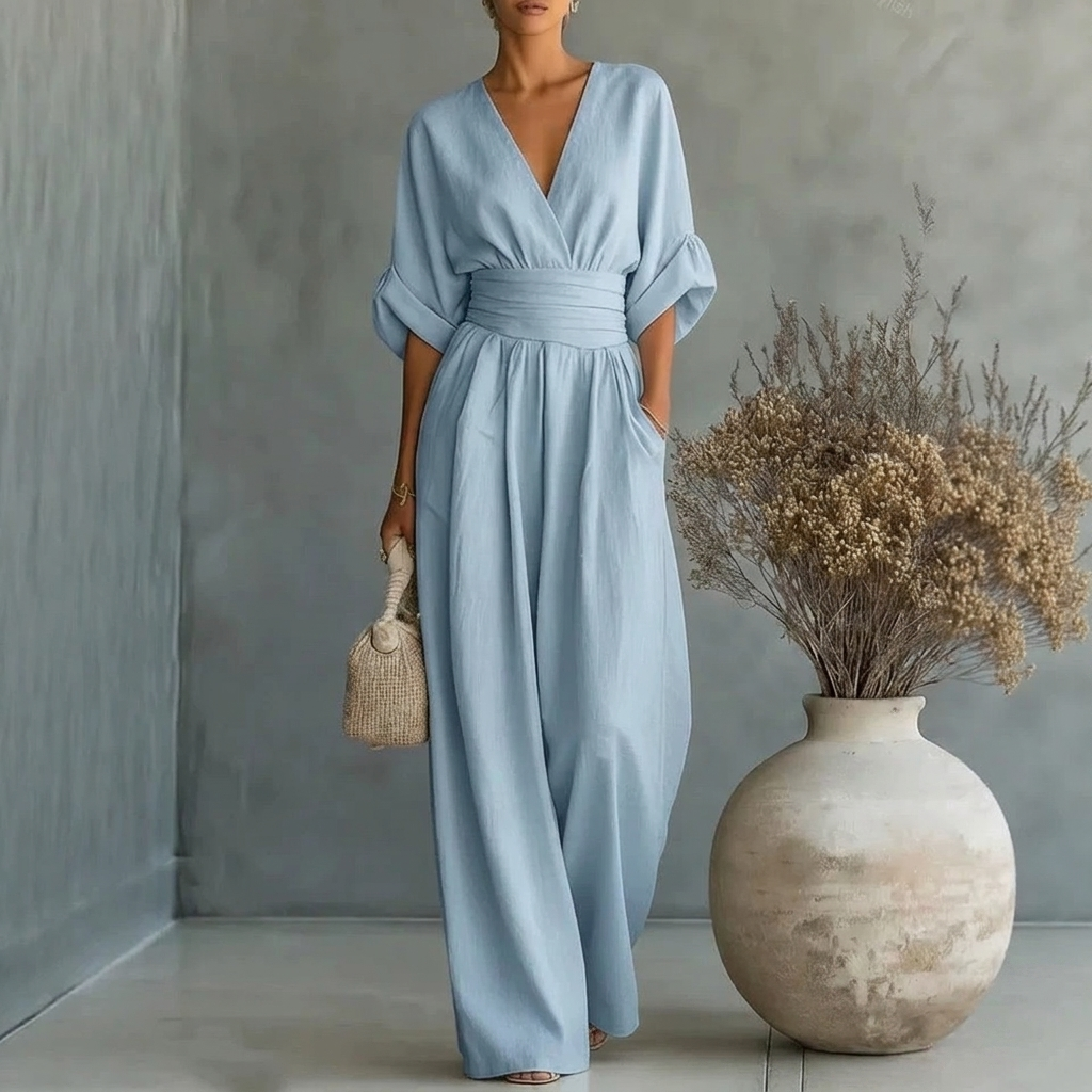 Women’s Short‑Sleeved V‑Neck Wide‑Leg Jumpsuit