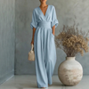 Women’s Short‑Sleeved V‑Neck Wide‑Leg Jumpsuit