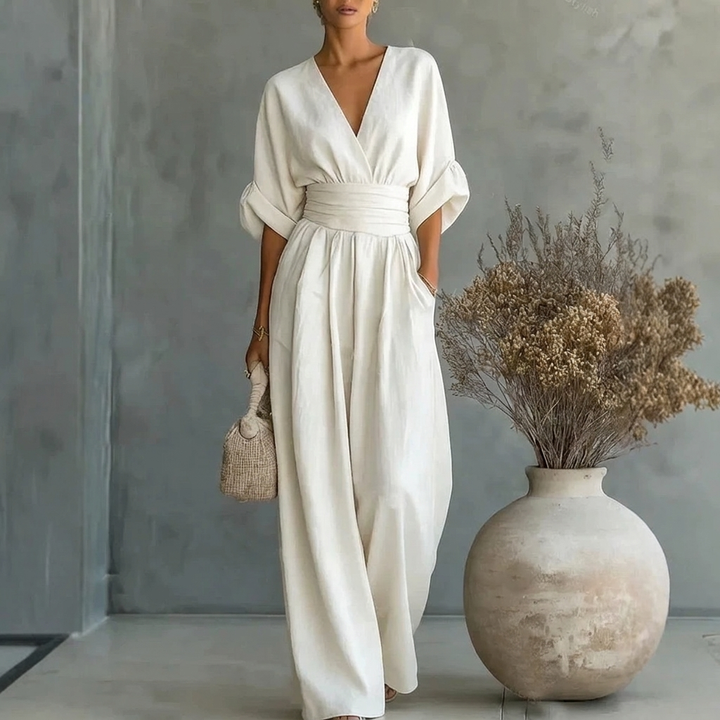 Women’s Short‑Sleeved V‑Neck Wide‑Leg Jumpsuit