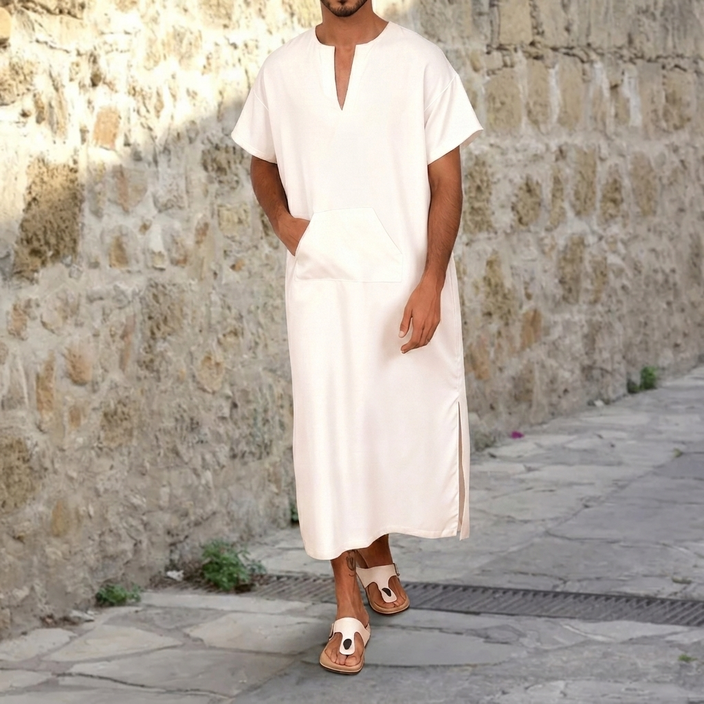 Men’s White Djellaba – V-Neck Long Robe