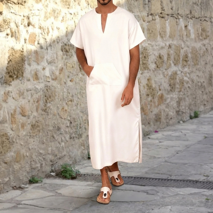 Men’s White Djellaba – V-Neck Long Robe