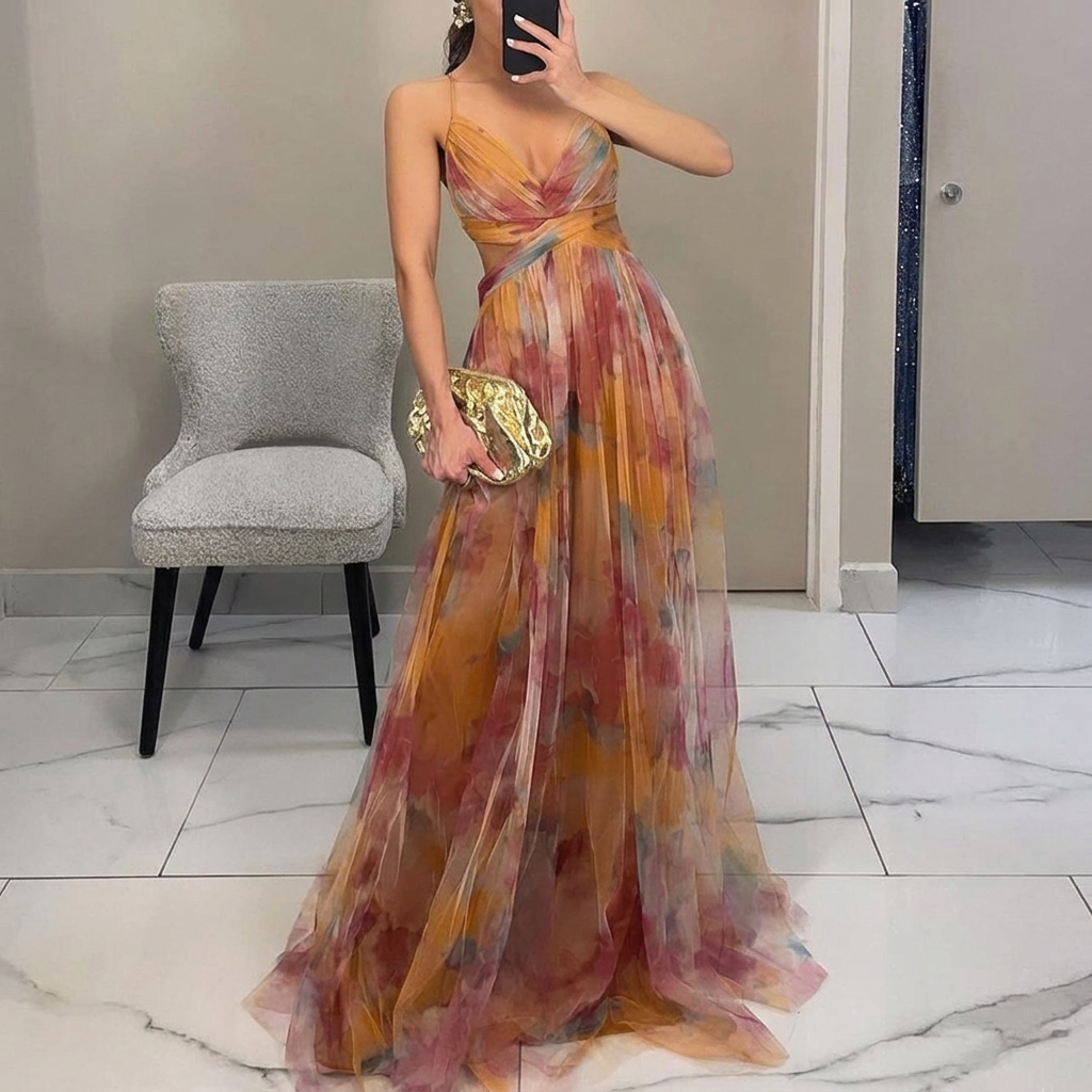Women's Maxi Dress – Multicolor, Thin Straps, V-Neck, Fluid Silhouette