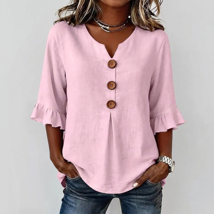 Women’s Ruffled Sleeve V-Neck Button Top