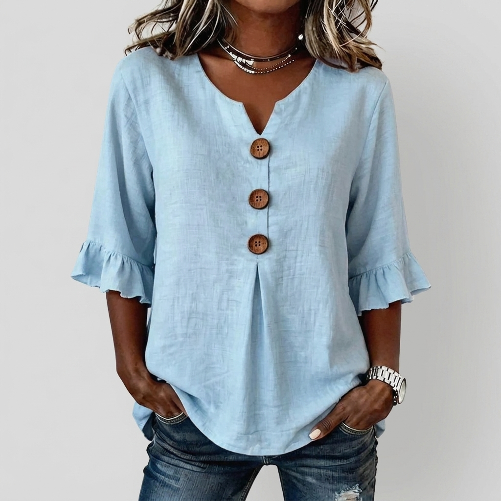 Women’s Ruffled Sleeve V-Neck Button Top