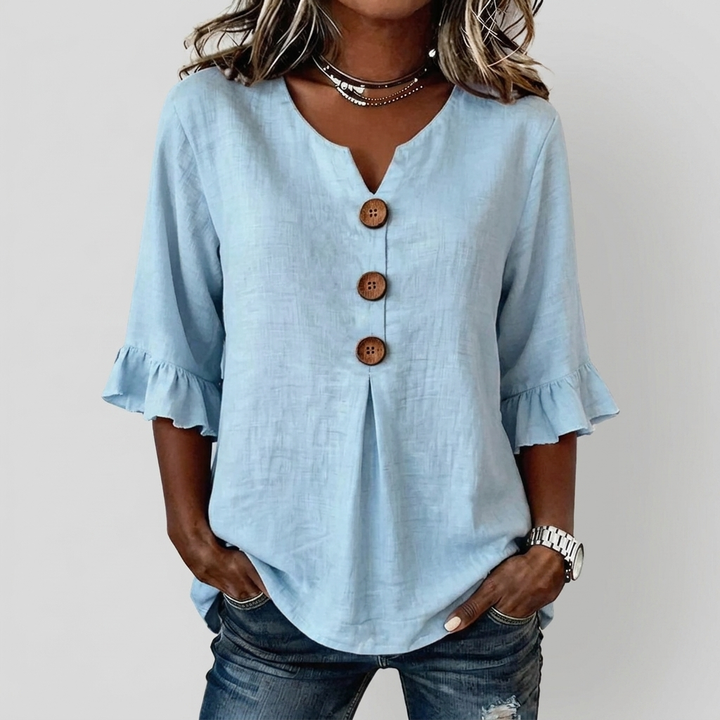 Women’s Ruffled Sleeve V-Neck Button Top