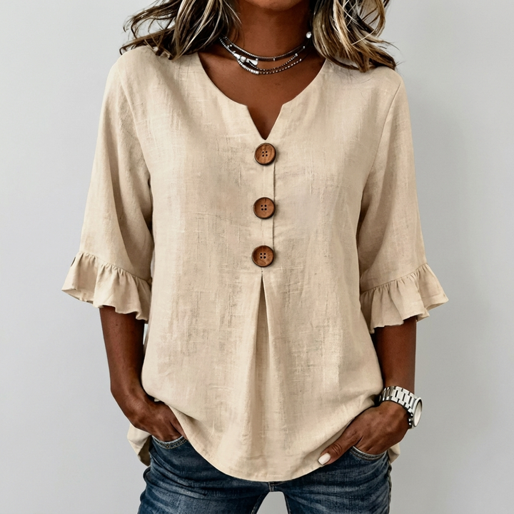 Women’s Ruffled Sleeve V-Neck Button Top