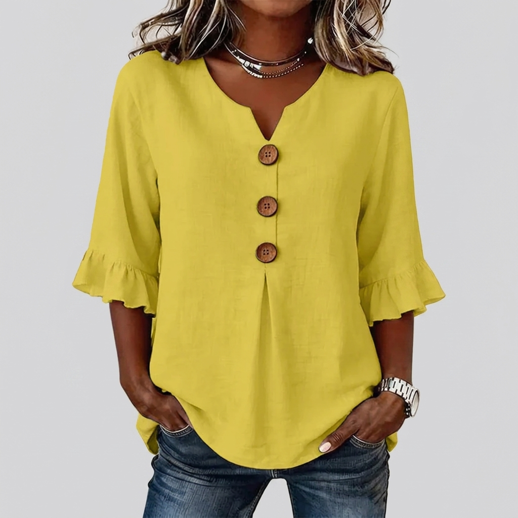 Women’s Ruffled Sleeve V-Neck Button Top