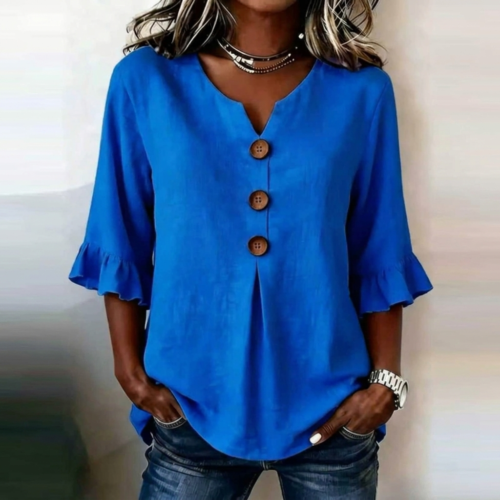 Women’s Ruffled Sleeve V-Neck Button Top