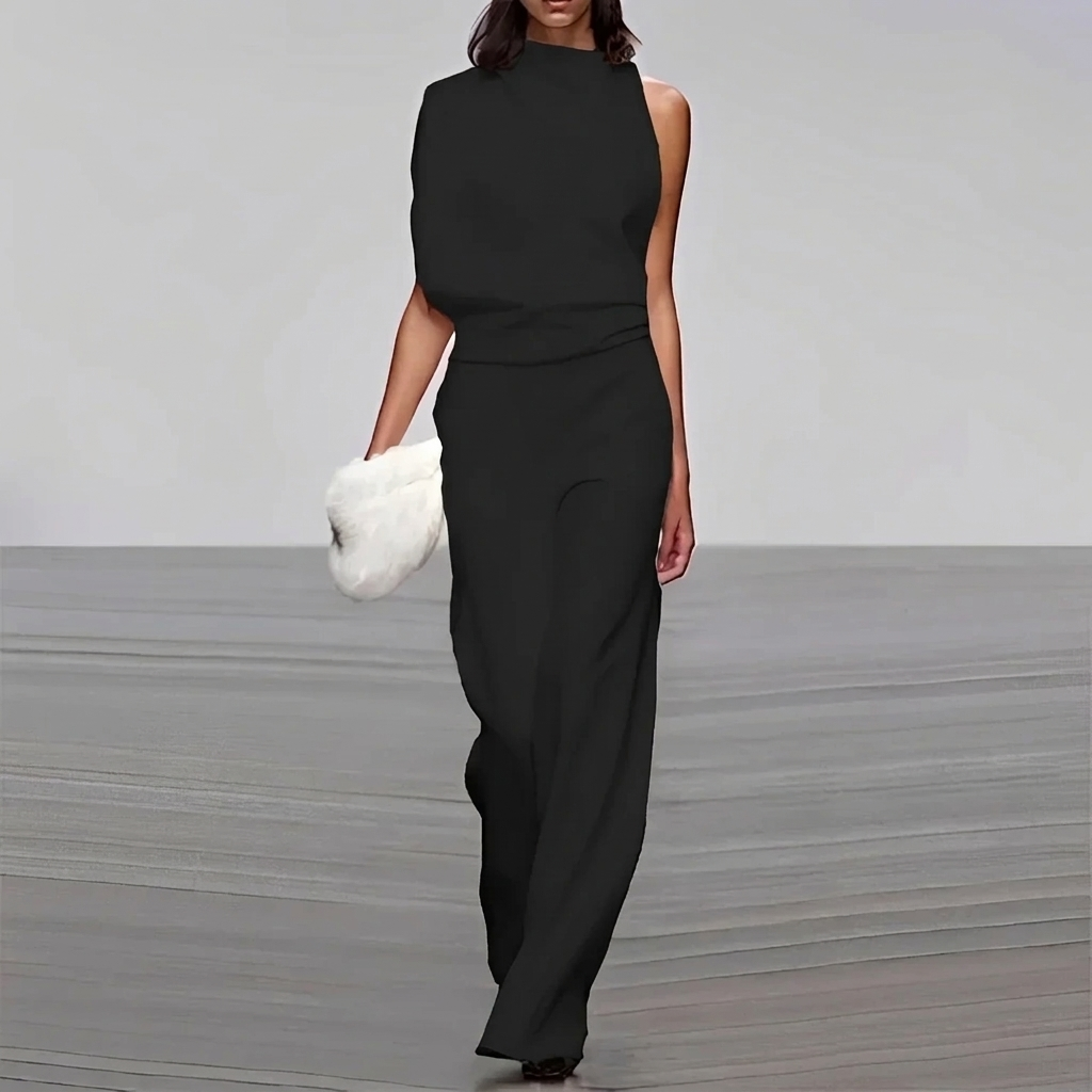 High-Neck Asymmetric Shoulder Jumpsuit