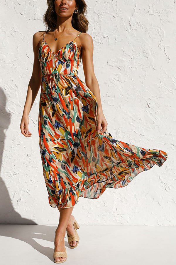 Women’s Summer Colored Midi Dress with V-Neck and Spaghetti Straps
