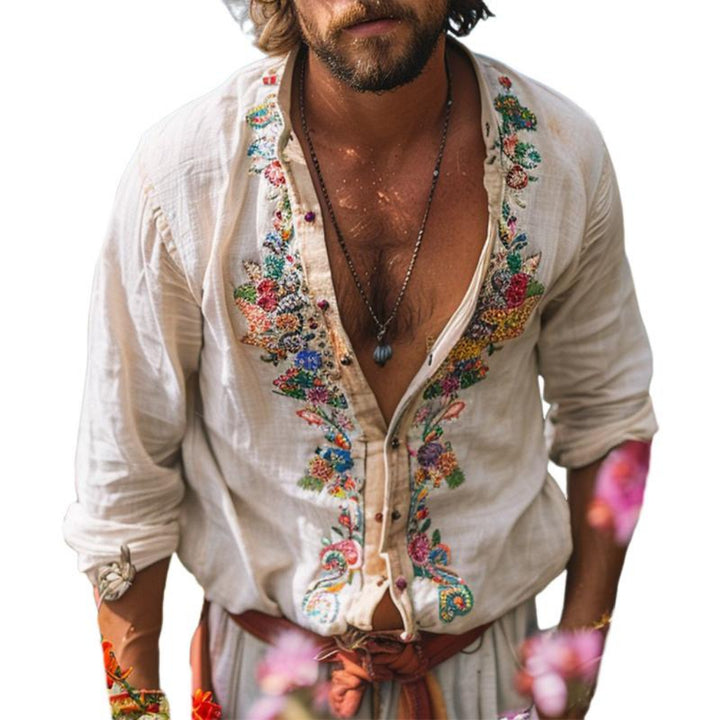 Men's Bohemian Grandad Collar Shirt for Free-Spirited Style & Comfort