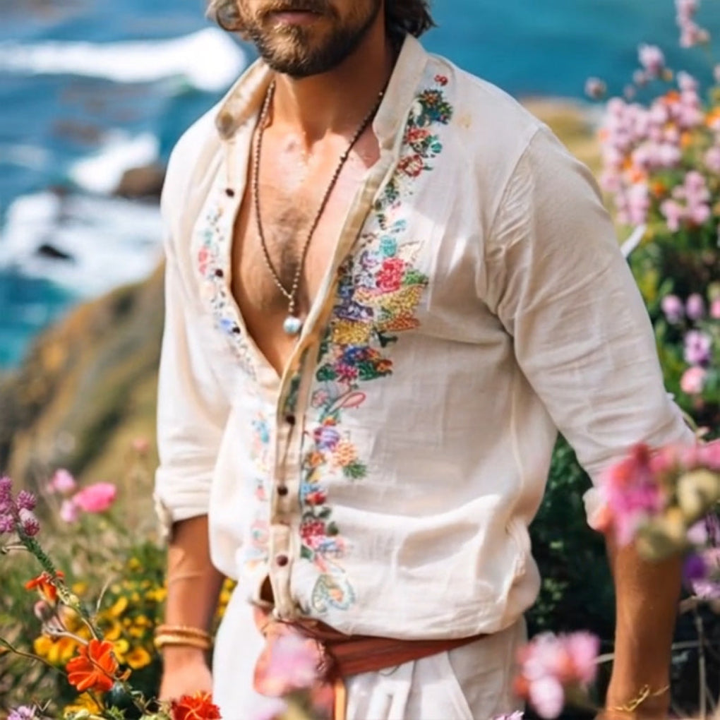Men's Bohemian Grandad Collar Shirt for Free-Spirited Style & Comfort