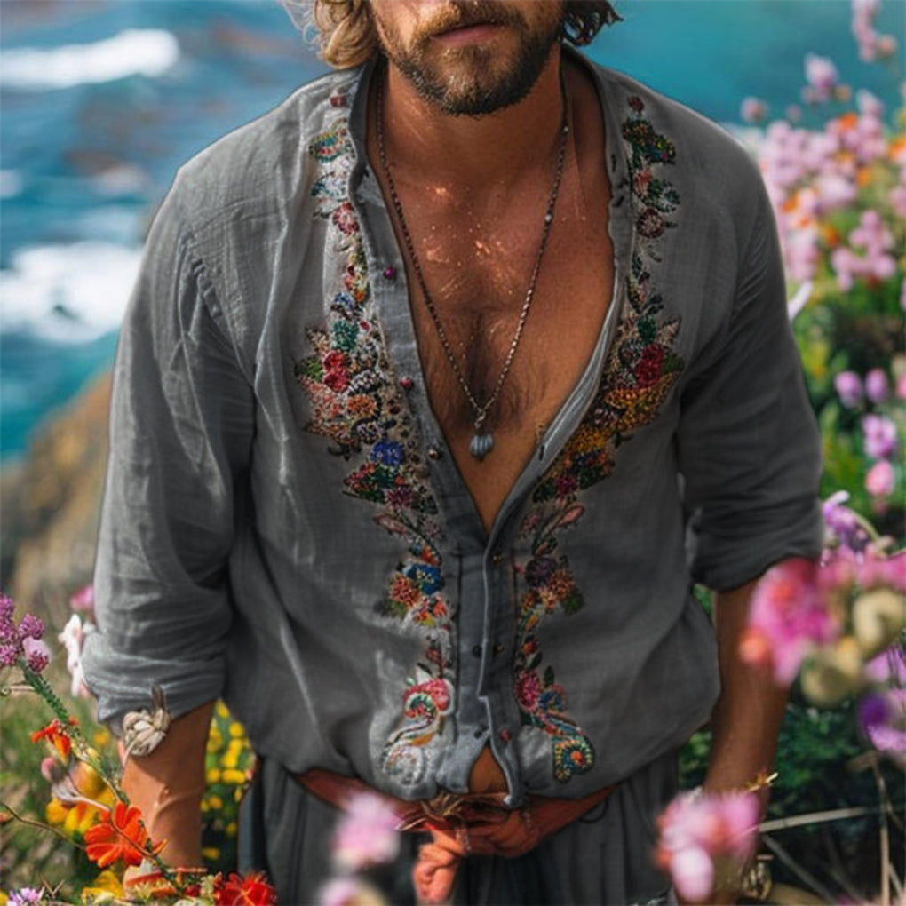 Men's Bohemian Grandad Collar Shirt for Free-Spirited Style & Comfort